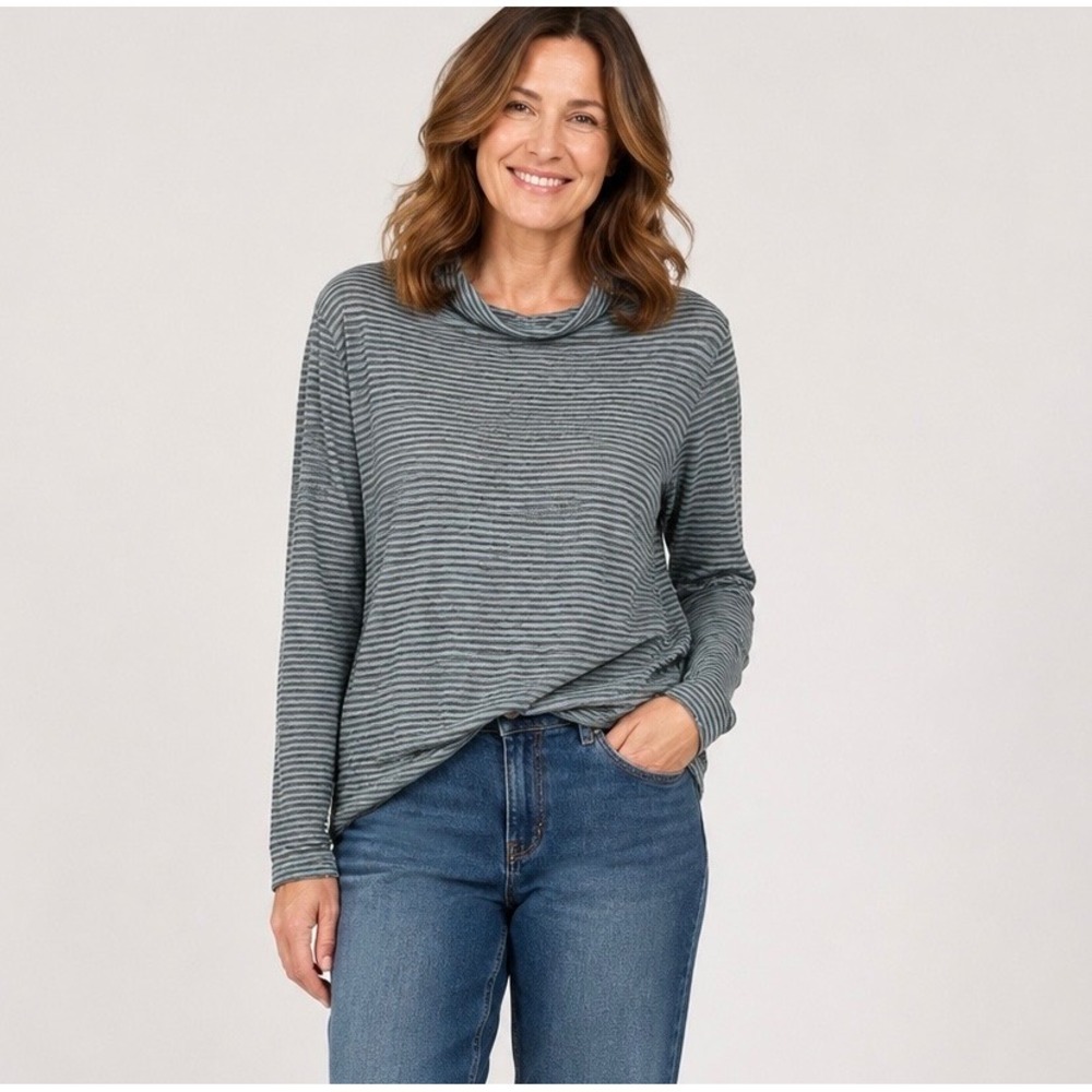 Oska Striped Funnel Neck Top Womens M 8/10 Teal Grey Textured Knit Long Sleeve